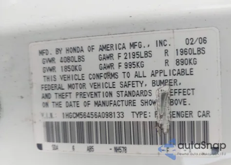 2006 Honda Accord 2.4 Lx z USA, uszkodzony, nr VIN 1HGCM56456A098133